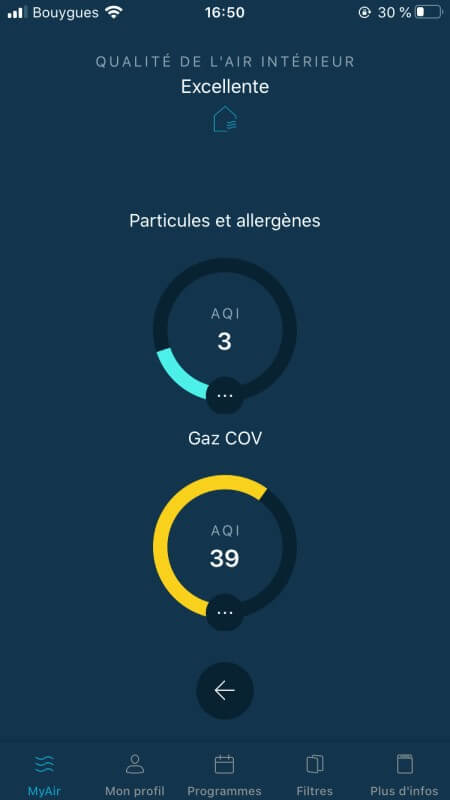 Indoor air quality page of Pure Air app